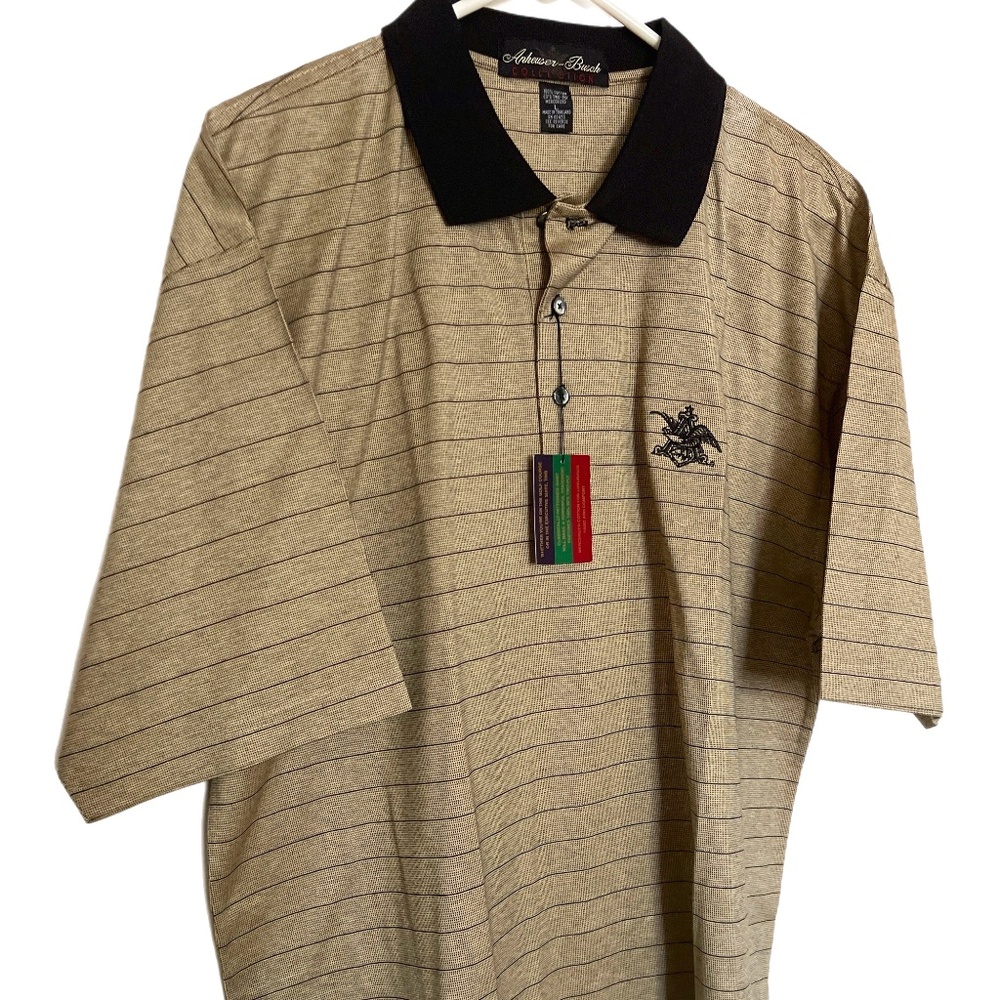 Anheuser-Busch NWT Polo Golf Shirt Mens Sz L Tan Black Striped Embroidered Logo